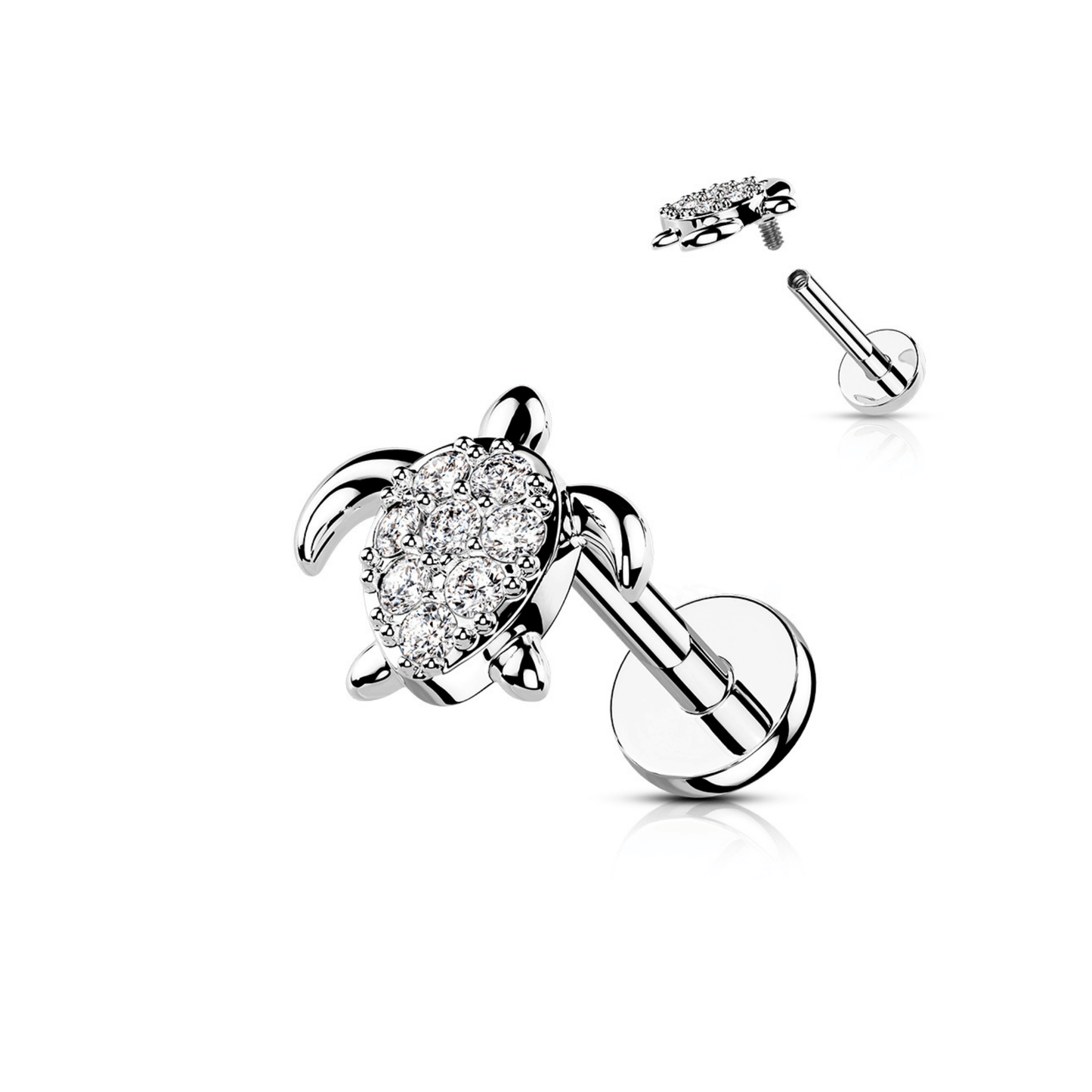 Silver paved gem turtle flat back piercing bar