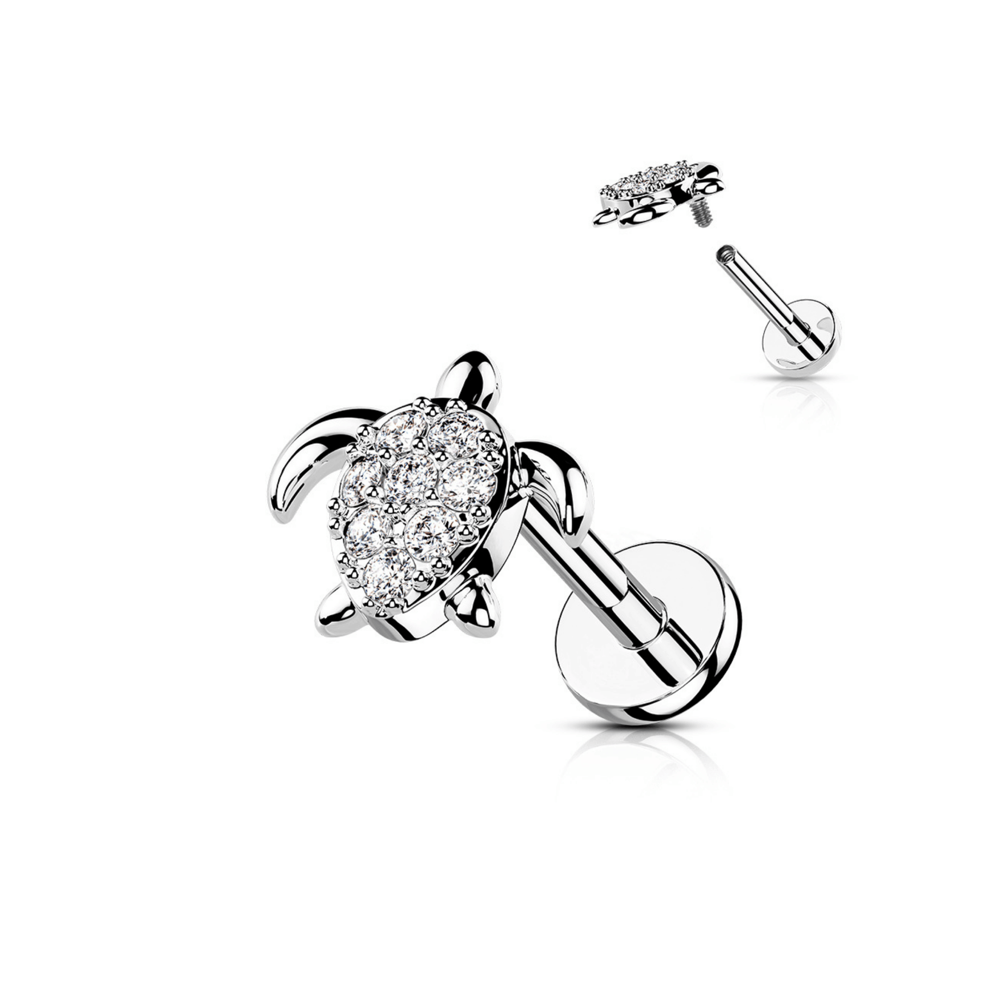 Silver paved gem turtle flat back piercing bar