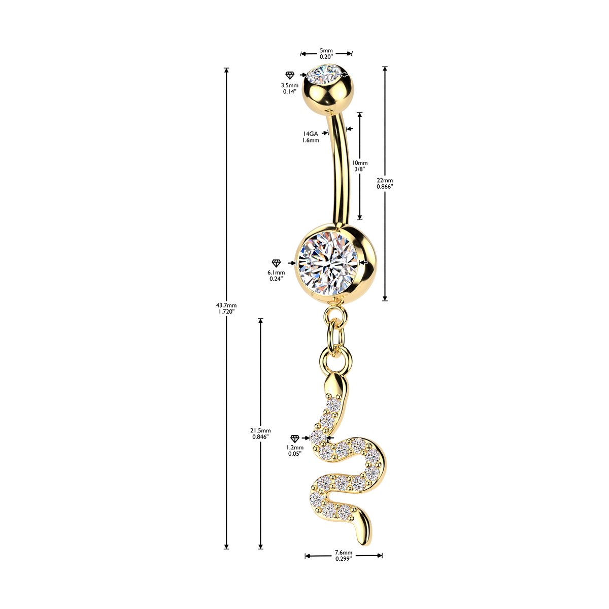 Snake Gem Dangle Belly Button Bar 14g dimensions