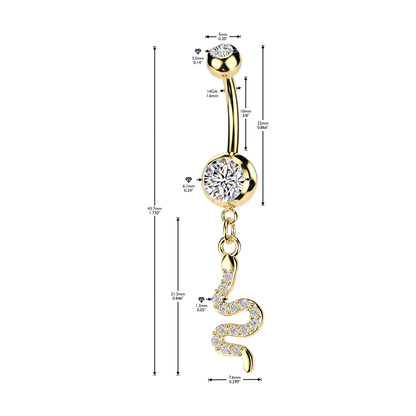Snake Gem Dangle Belly Button Bar 14g dimensions