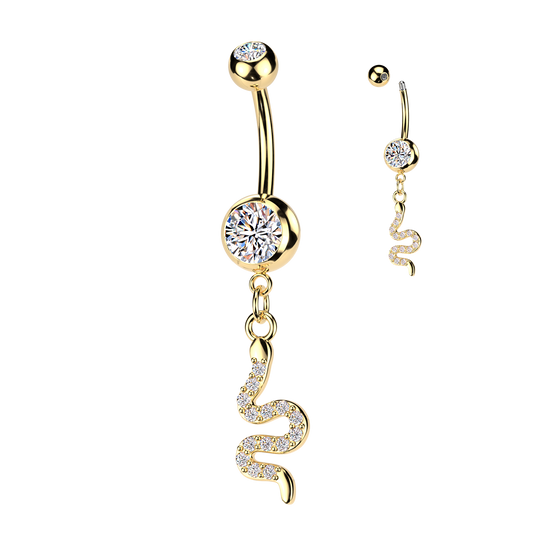 Snake Gem Dangle Gold Belly Button Bar 14g