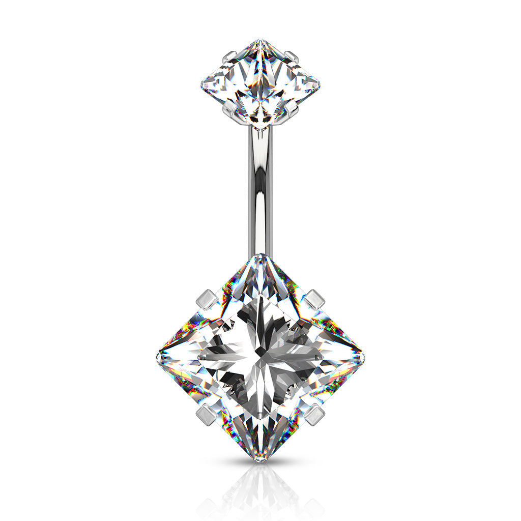 Square Clear Gem Silver Internally Threaded Belly Button Bar