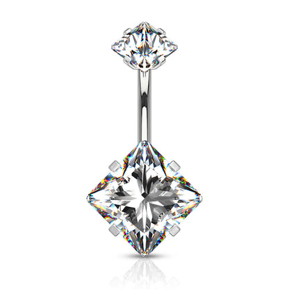 Square Clear Gem Silver Internally Threaded Belly Button Bar