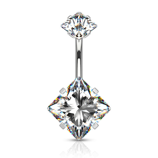 Square Clear Gem Silver Internally Threaded Belly Button Bar