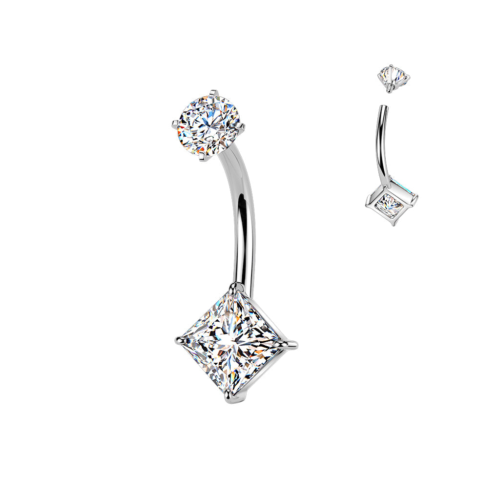 Square Clear Gem Silver Internally Threaded Belly Button Bar 14g