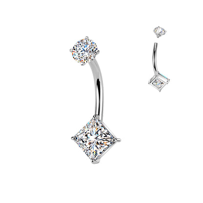 Square Clear Gem Silver Internally Threaded Belly Button Bar 14g