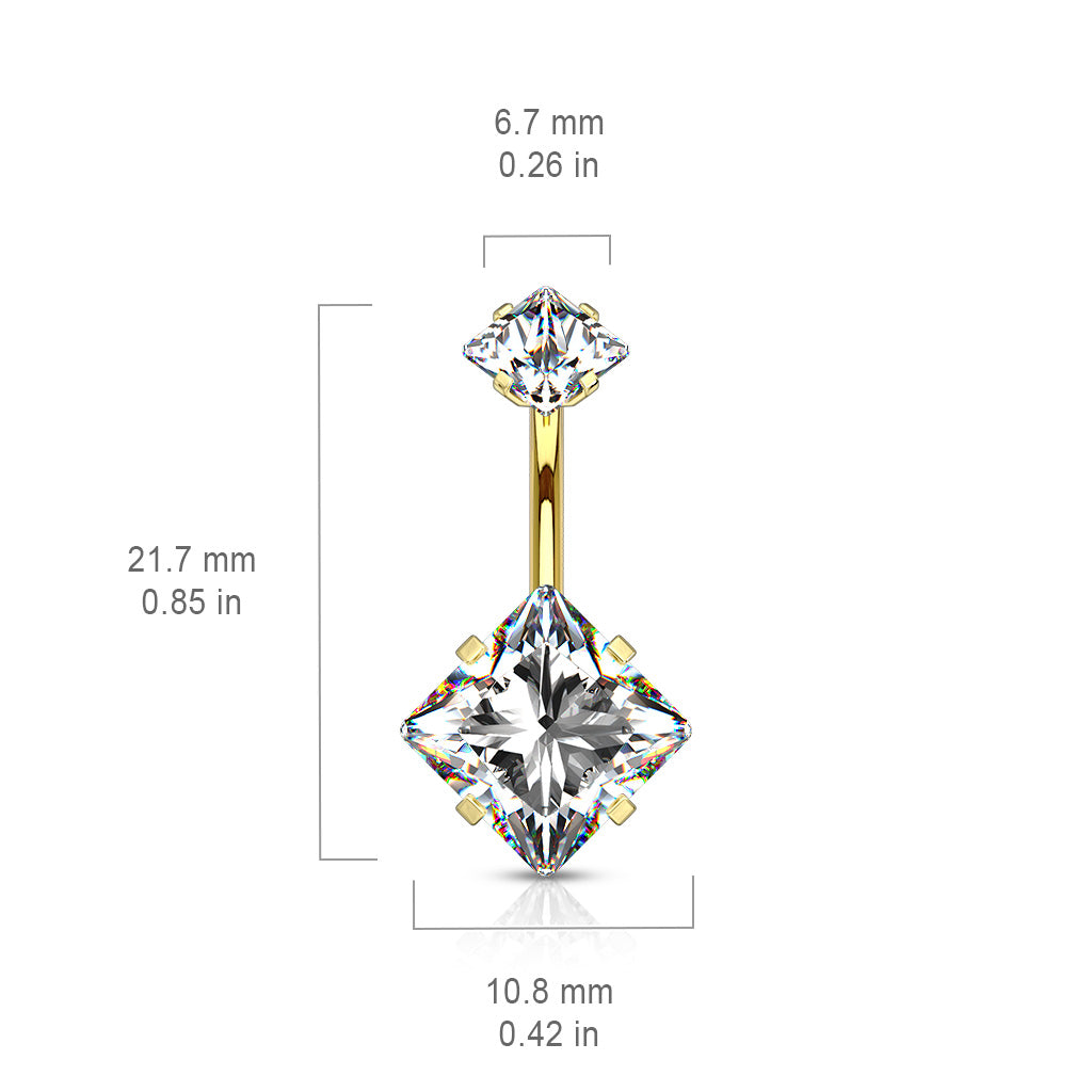 Square Clear Gem Silver Internally Threaded Belly Button Bar dimensions
