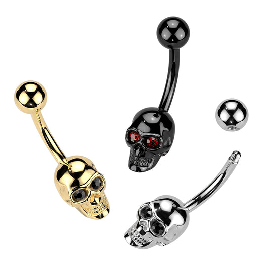 Silver Steel Skull Gem Eyes Belly Button Bar 14g
