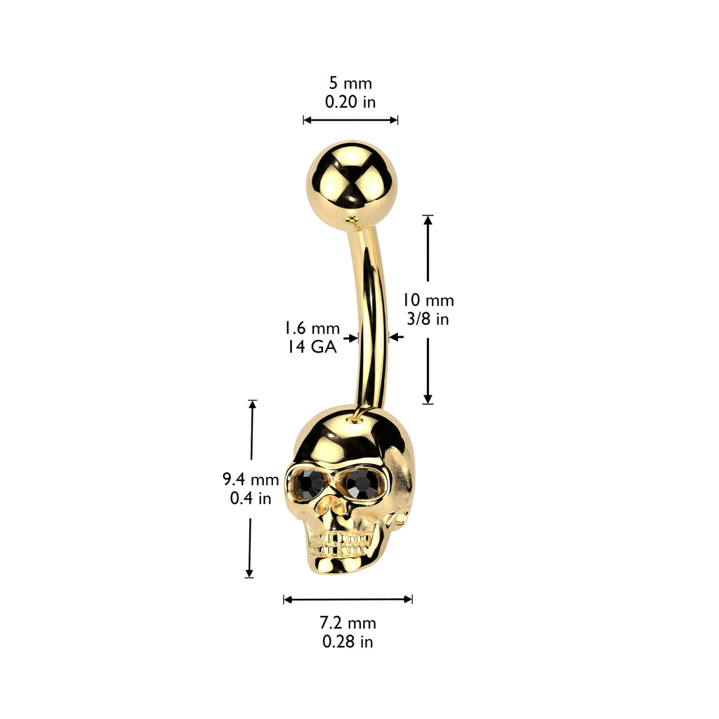 Steel Skull Gem Eyes Belly Button Bar 14g dimensions
