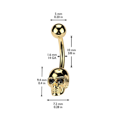 Steel Skull Gem Eyes Belly Button Bar 14g dimensions