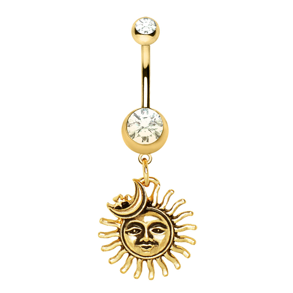 Sun and Moon Gold Dangle Belly Button Bar
