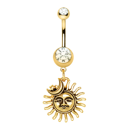 Sun and Moon Gold Dangle Belly Button Bar