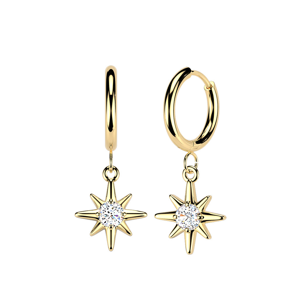 Sunburst Dangle Gold Hinged Clicker Hoop Earrings