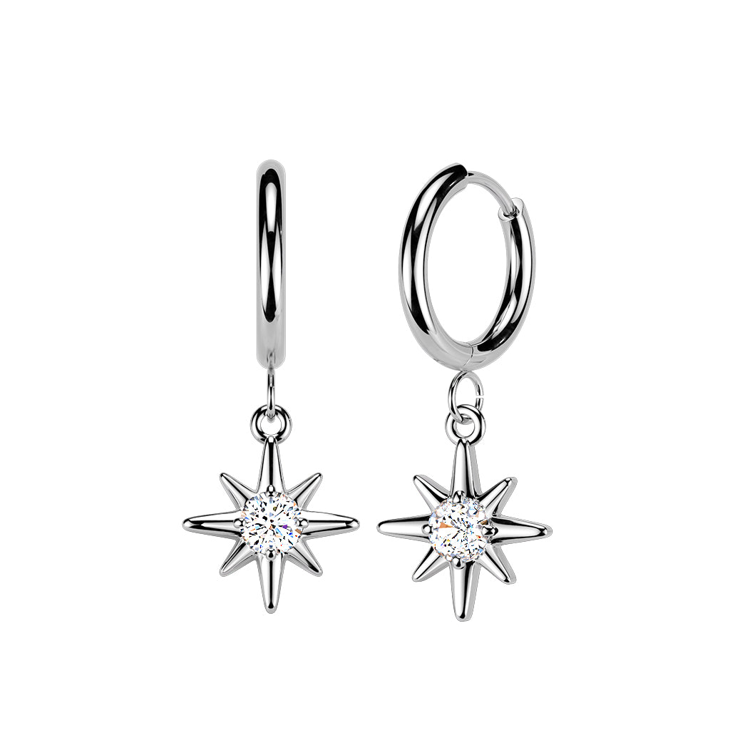 Sunburst Dangle Silver Hinged Clicker Hoop Earrings