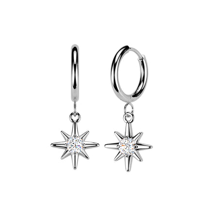Sunburst Dangle Silver Hinged Clicker Hoop Earrings