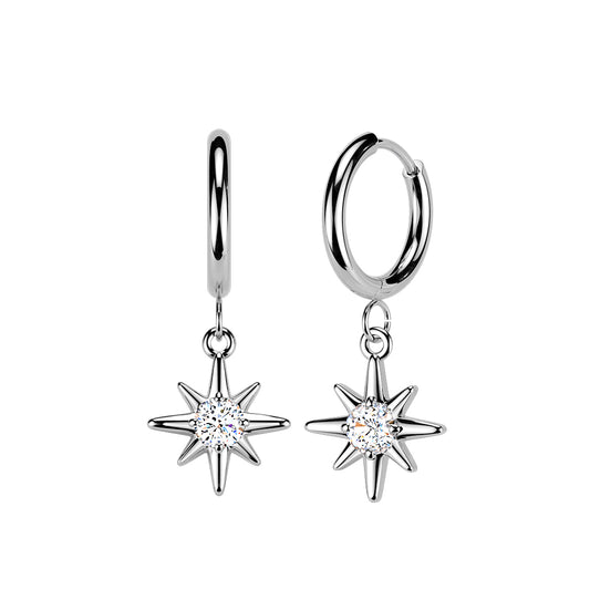 Sunburst Dangle Silver Hinged Clicker Hoop Earrings
