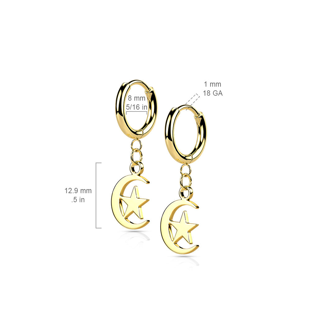 Surgical Steel Moon & Star Dangle Earrings (pair) dimensions