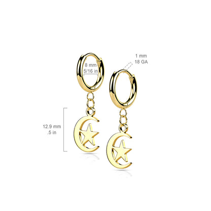 Surgical Steel Moon & Star Dangle Earrings (pair) dimensions