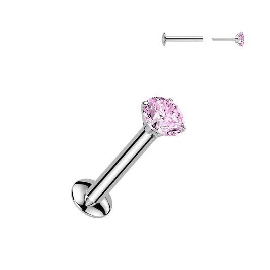 Sweet Pink Prong Gem Silver Threadless Flat Back Stud 20g-16g