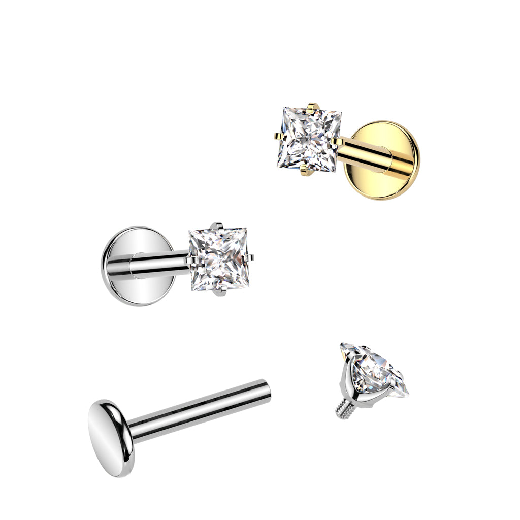 Titanium Silver Square Gem Flat Back Stud 16g