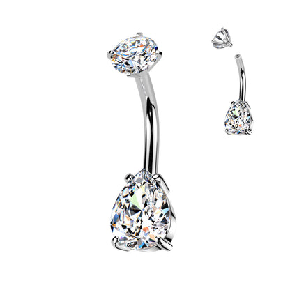 Teardrop Clear Gem Silver Internally Threaded Belly Button Bar