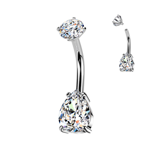 Teardrop Clear Gem Silver Internally Threaded Belly Button Bar