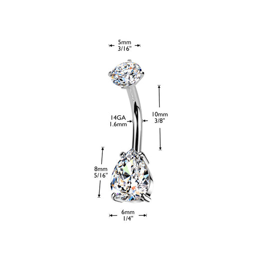 Teardrop Clear Gem Silver Internally Threaded Belly Button Bar dimensions