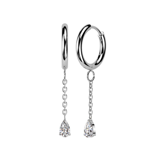 Teardrop Gem Dangle Silver Hinged Clicker Hoop Earrings