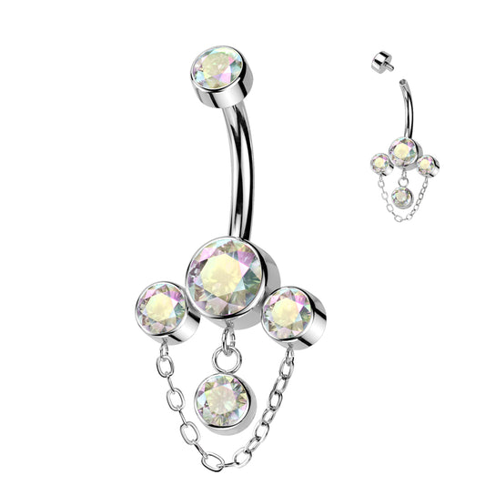 Titanium AB Gem Chain Dangle Belly Button Bar 14g