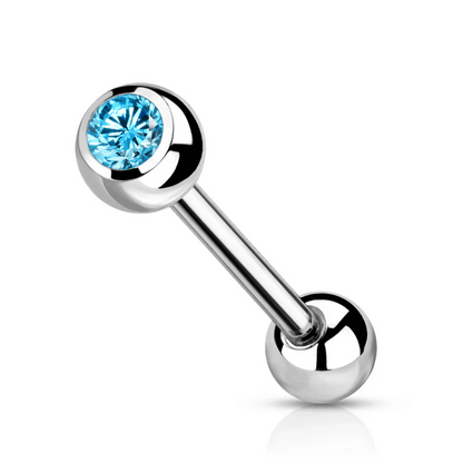 Titanium Aqua Blue Cubic Zirconia Ball Tongue Barbell