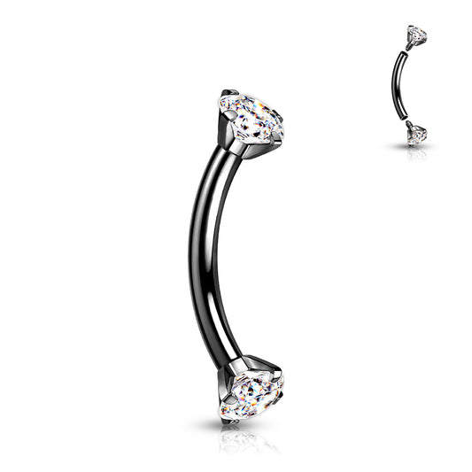 Titanium Black Prong Set Clear Gem Curved Piercing Barbell
