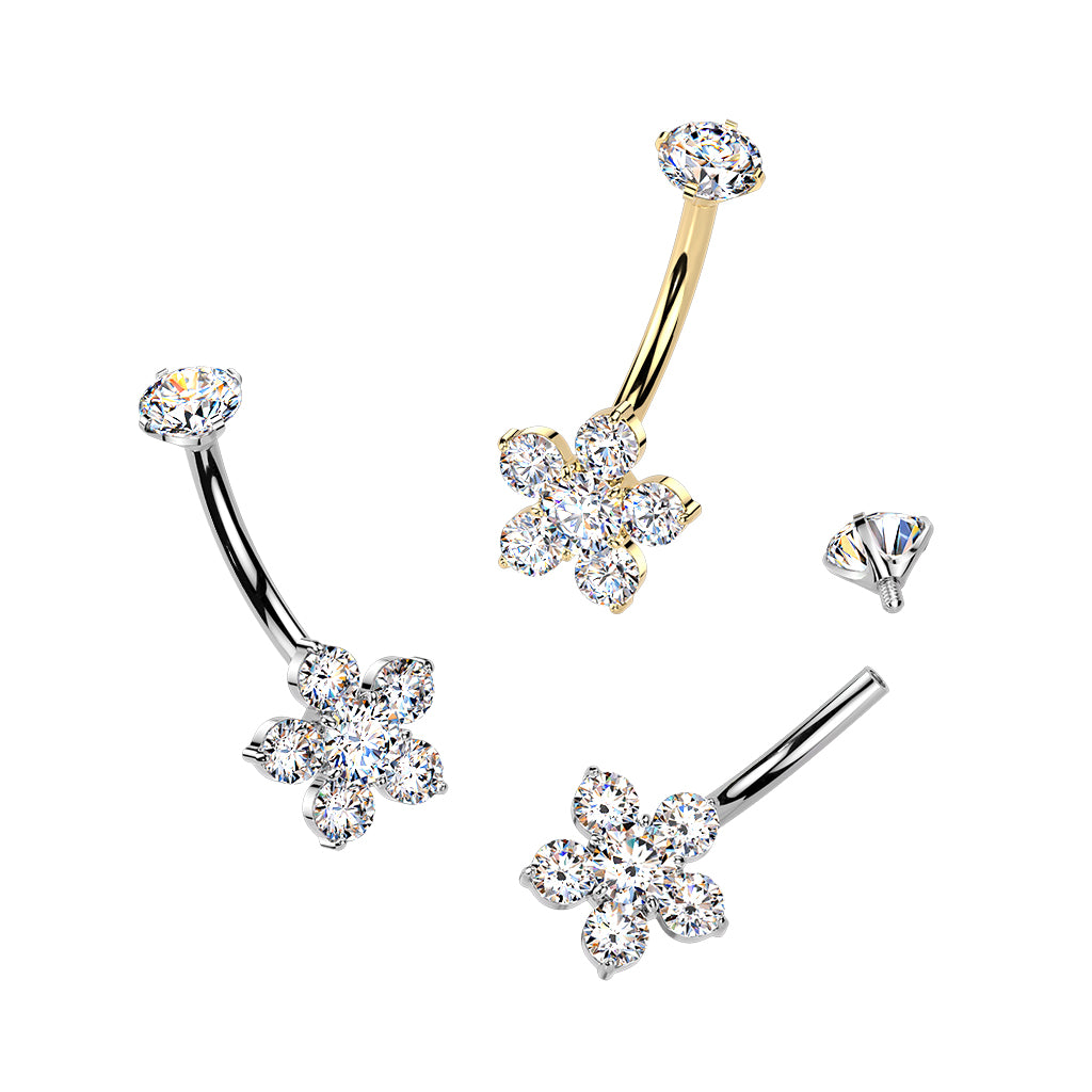 Titanium Clear Flower Gem Belly Button Bar