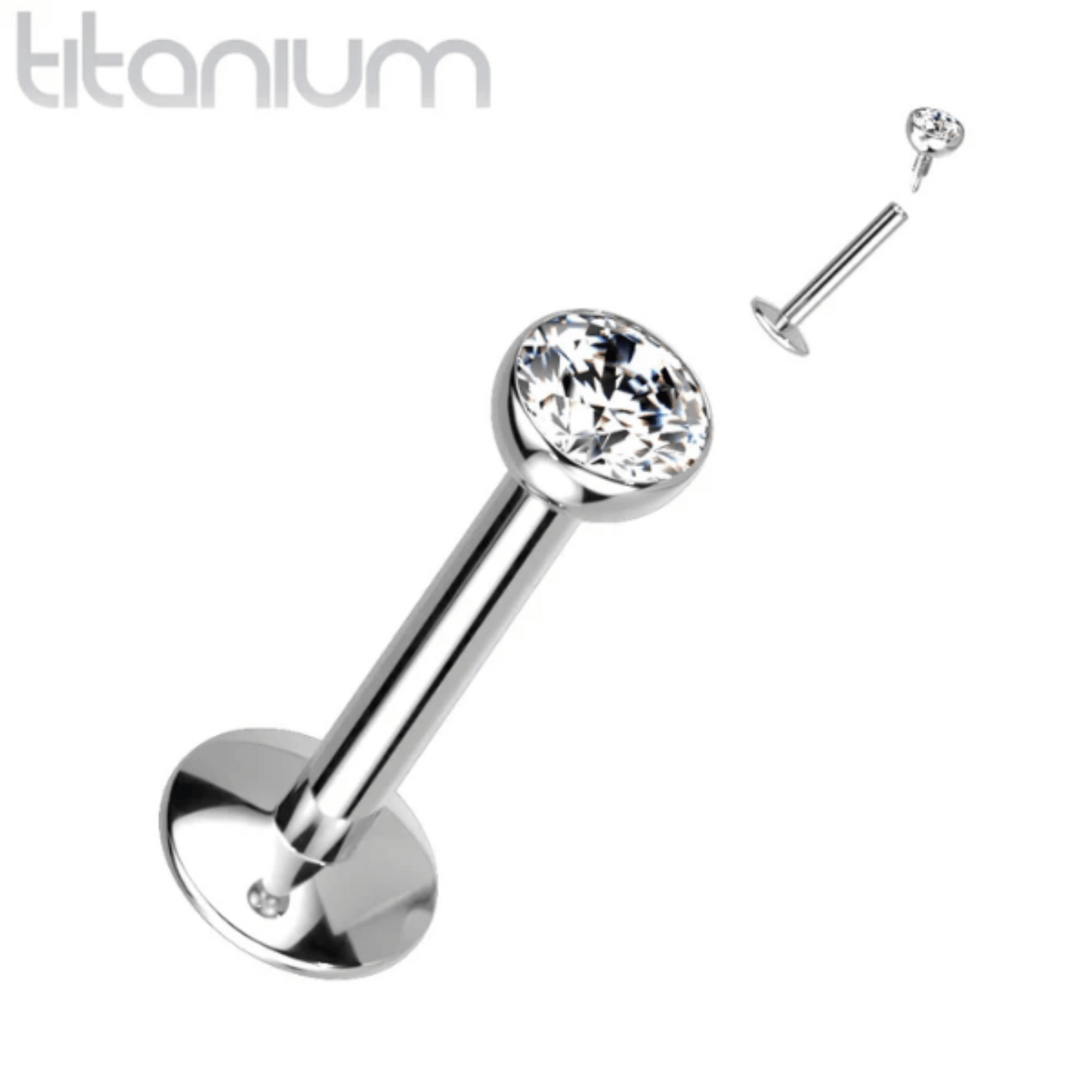 Titanium Clear Gem Internally Threaded Silver Flat Back Stud