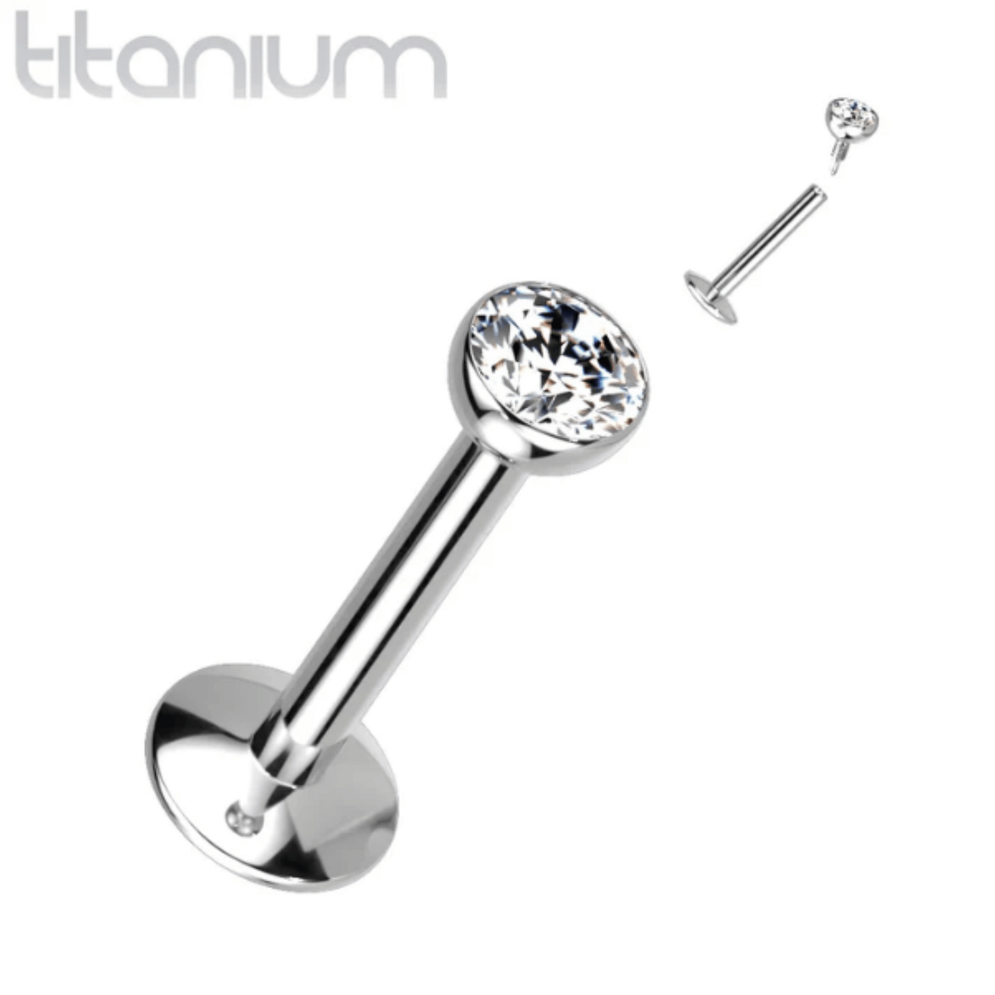 Titanium Clear Gem Internally Threaded Silver Flat Back Stud