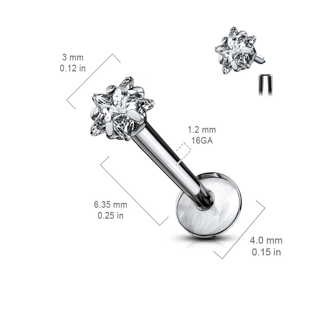 Titanium Clear Gem Star Internally Threaded Flat Back Stud dimensions