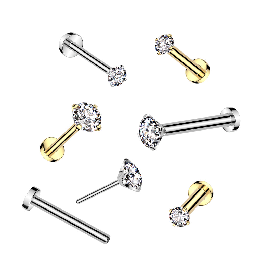 Titanium Clear Prong Gem Threadless Flat Back Stud