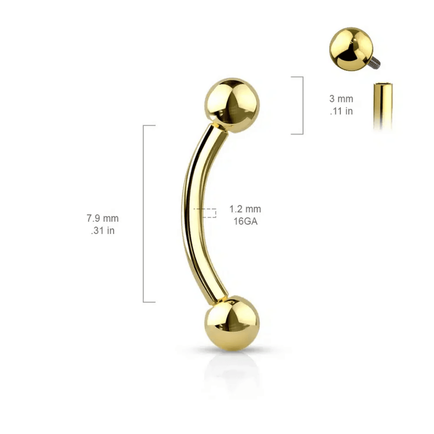 Titanium Curved Internally Threaded Barbell with Ball dimensions