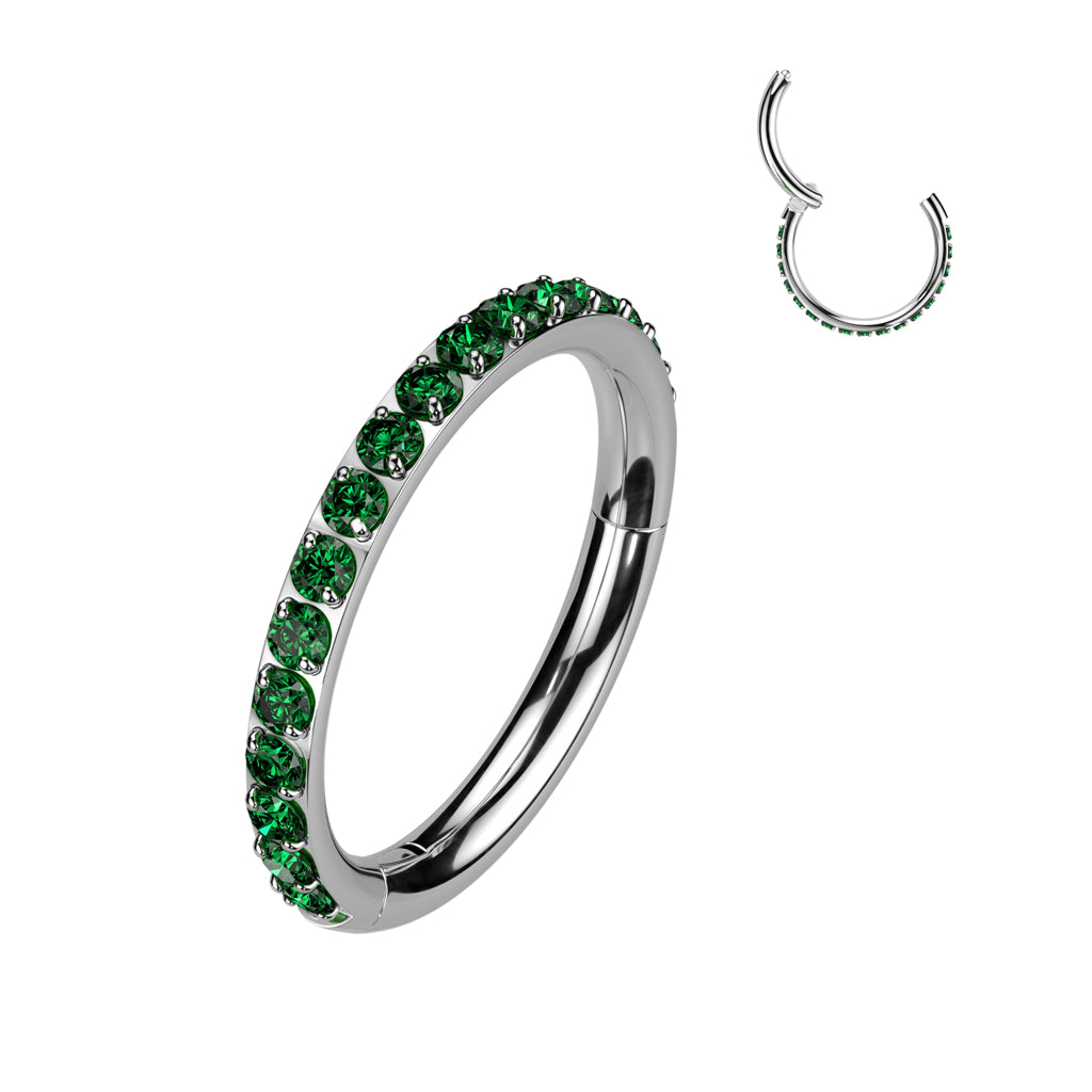 Titanium Emerald Green Gem Silver Hinged Clicker Ring