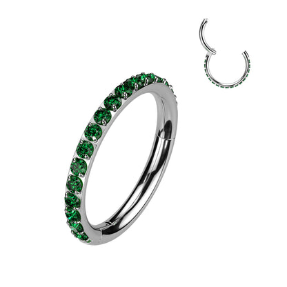 Titanium Emerald Green Gem Silver Hinged Clicker Ring