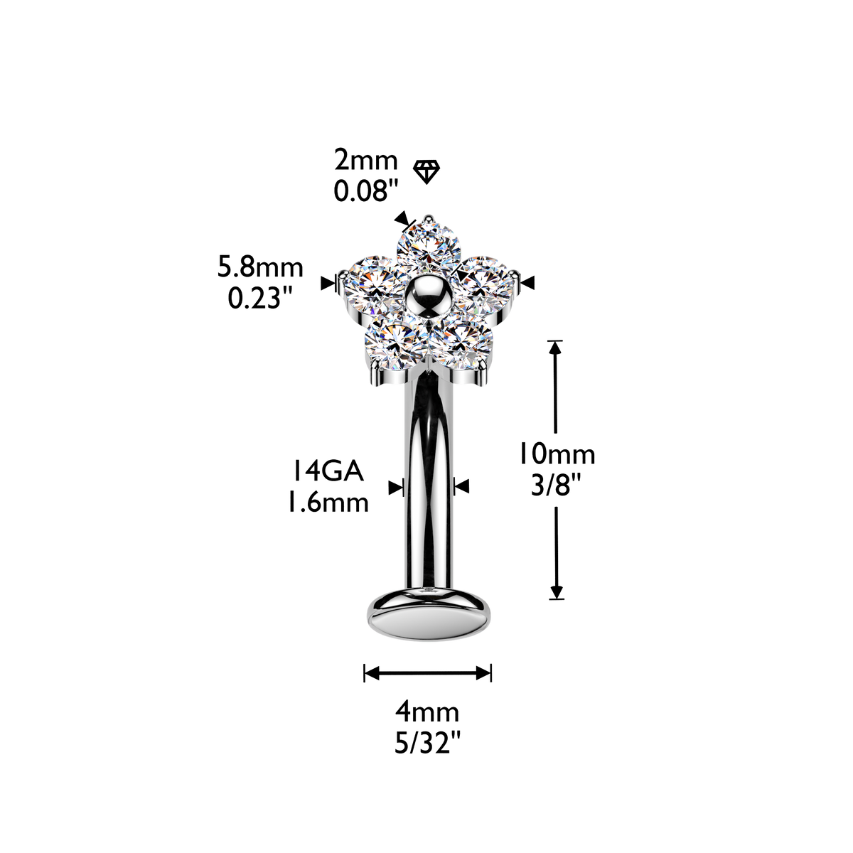 Titanium Flower Gem Silver Floating Belly Bar 14g dimensions