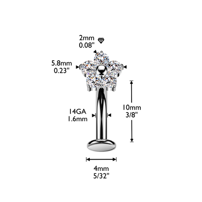 Titanium Flower Gem Silver Floating Belly Bar 14g dimensions