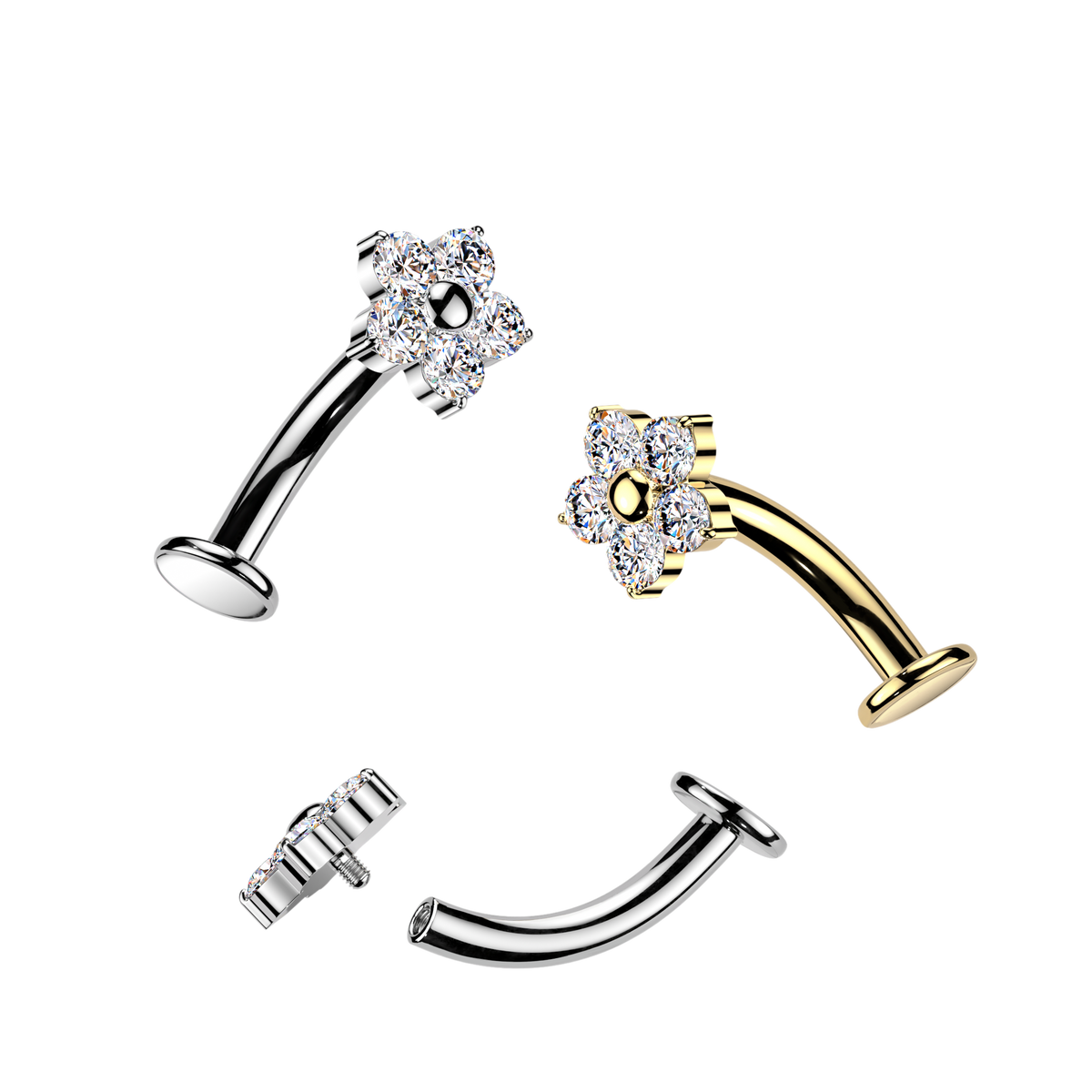 Titanium Flower Gem Silver Floating Belly Bar 14g range
