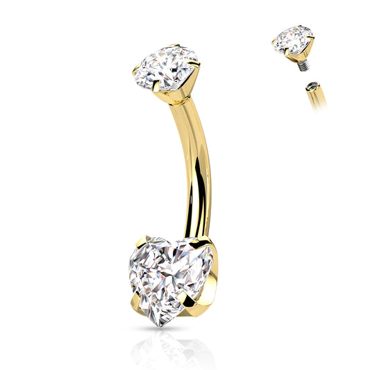 Titanium Gold Clear Heart Internally Threaded Belly Button Bar