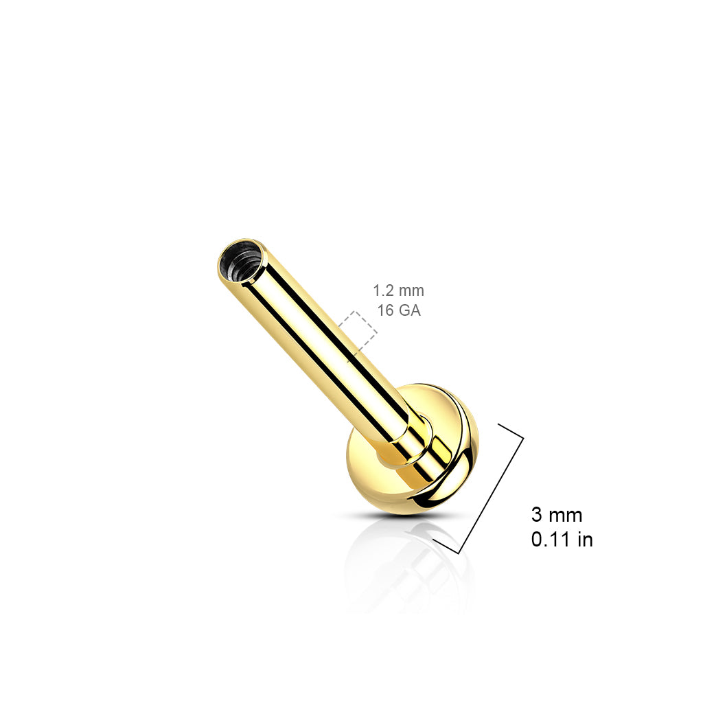 Titanium Gold Internally Threaded Flat Back Stud Post 16g measurements