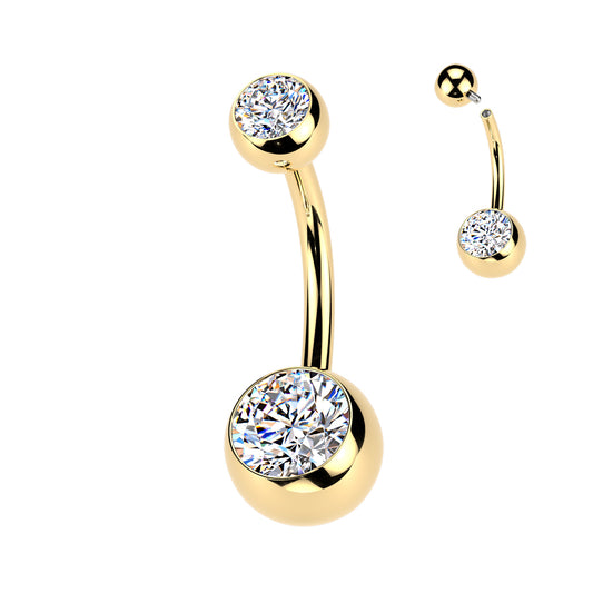 Gold belly button ring with clear gemstones on a white background