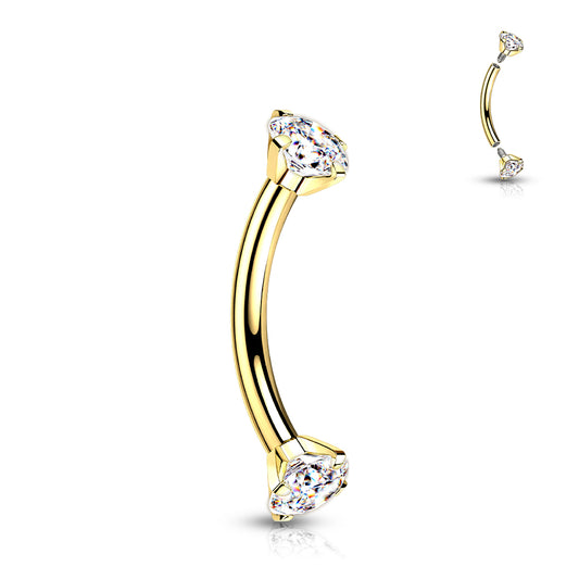 Titanium Gold Prong Set Clear Gem Curved Piercing Barbell