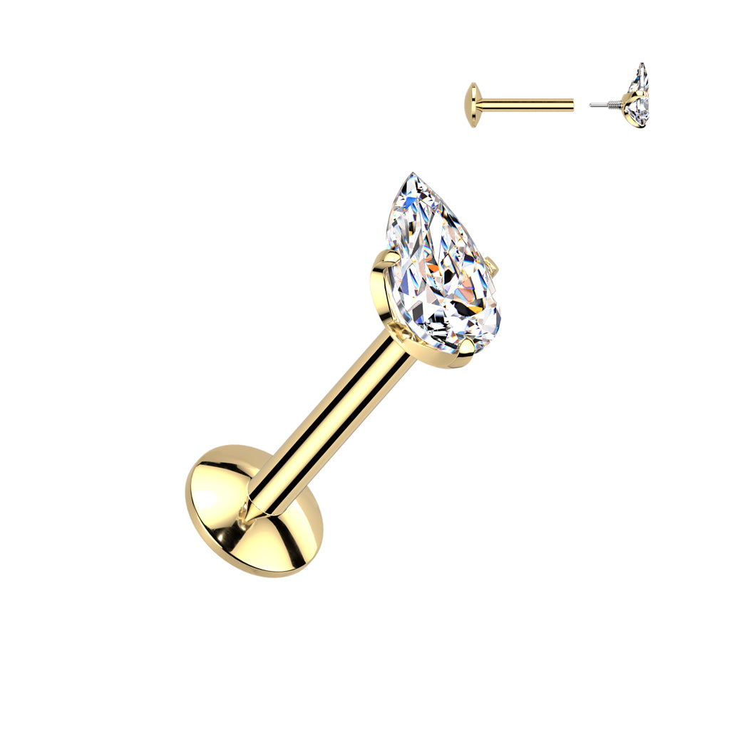 Titanium Gold Teardrop Gem Long Thread Flat Back Stud 16g