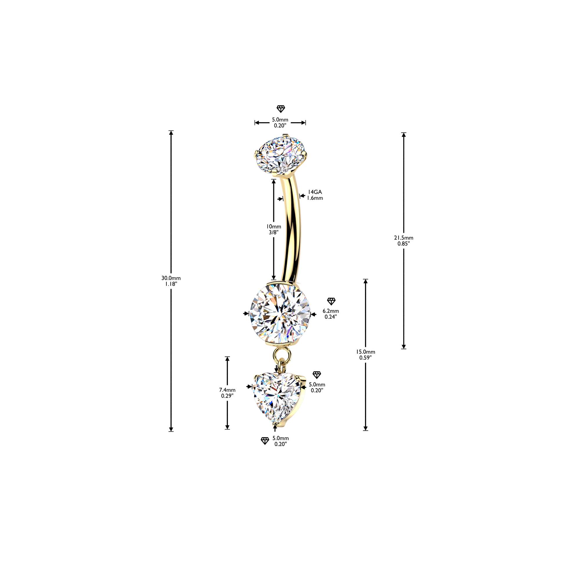 Titanium Heart Dangle Belly Bar measurements