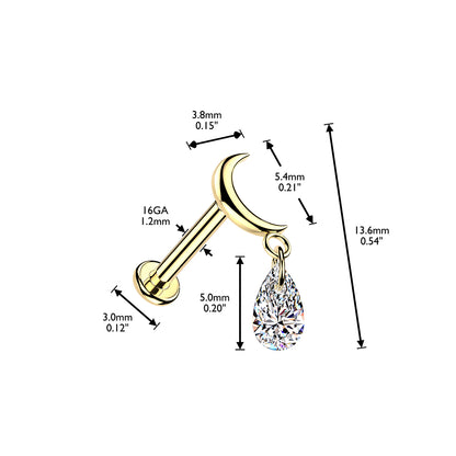 Titanium Moon Teardrop Dangle Flat Back Stud 16g dimensions