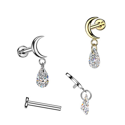 Titanium Moon Teardrop Dangle Flat Back Stud 16g range